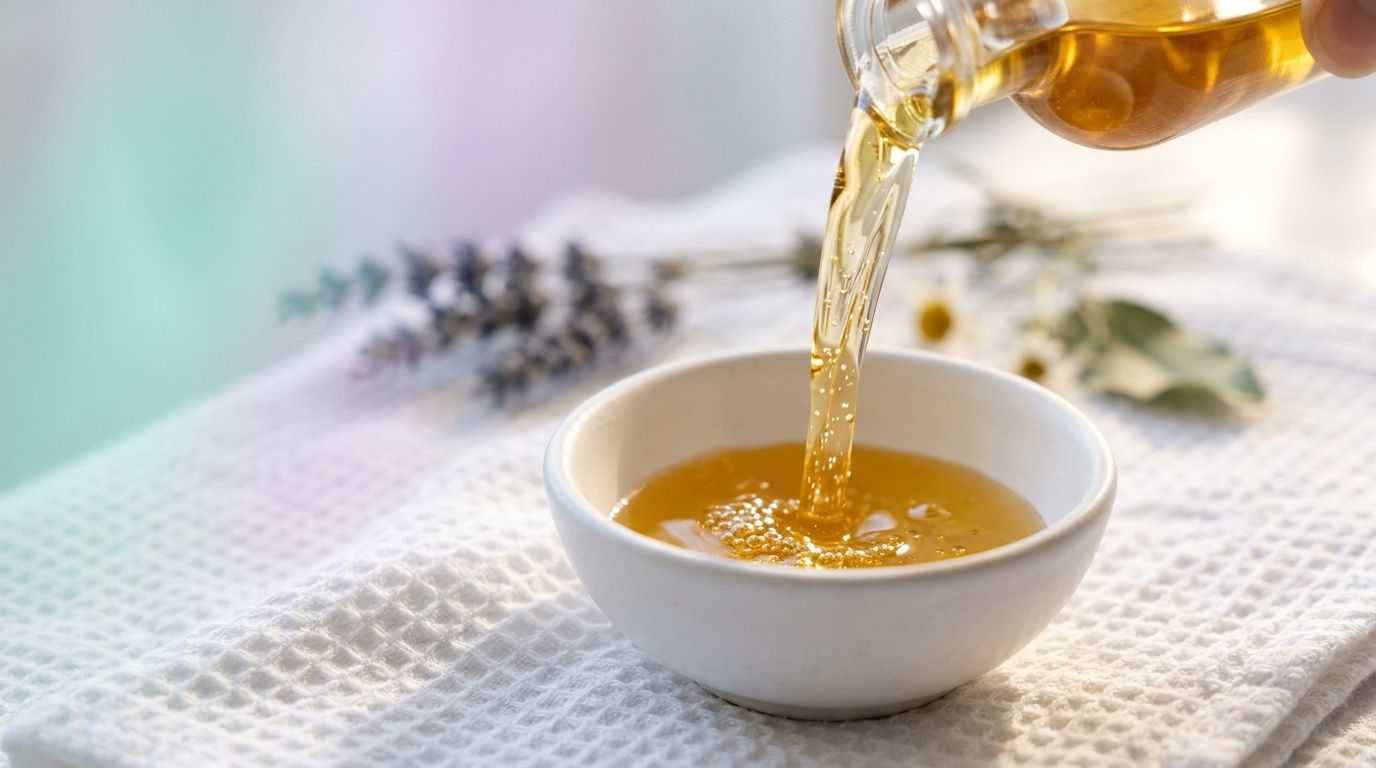 Vertido de aceite esencial puro en cuenco de cerámica blanca para aromaterapia en cabina