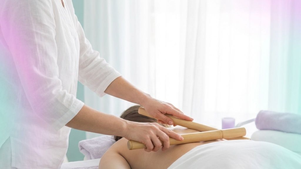 Cañas de bambú natural pulidas para masaje y descarga fascial sobre toallas blancas
