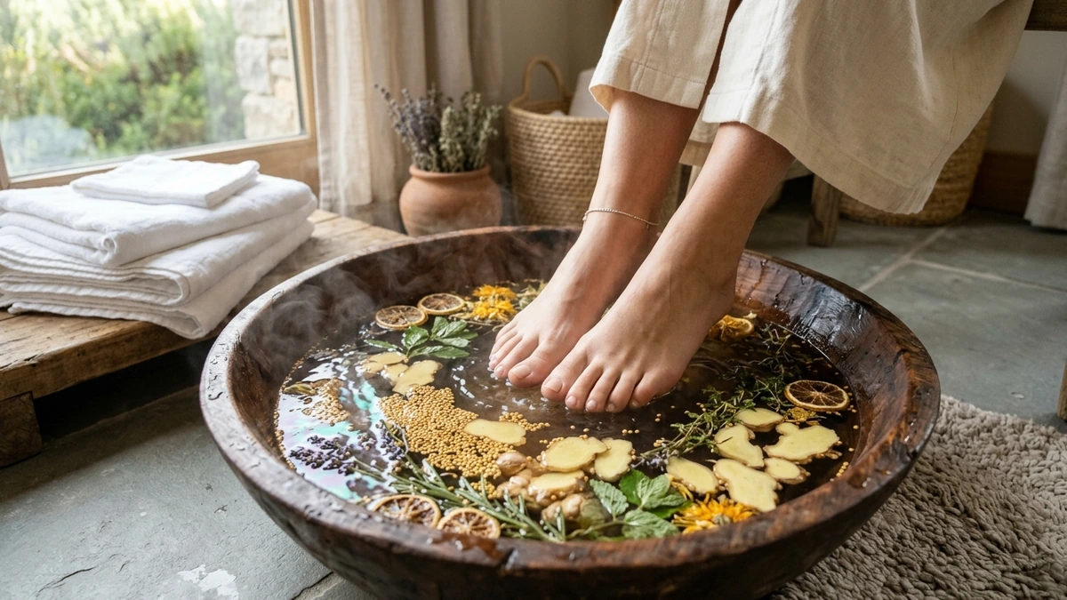 Preparación botánica tradicional de pediluvio caliente con mostaza y jengibre para los pies