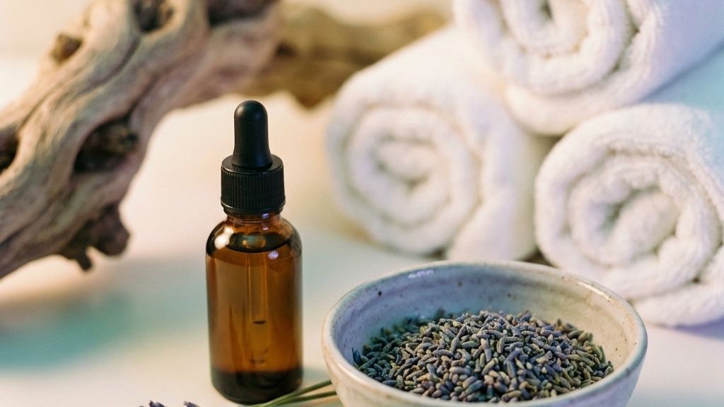 Cuenco con aceites esenciales botánicos y sales minerales para el masaje y relajación de pantorrillas