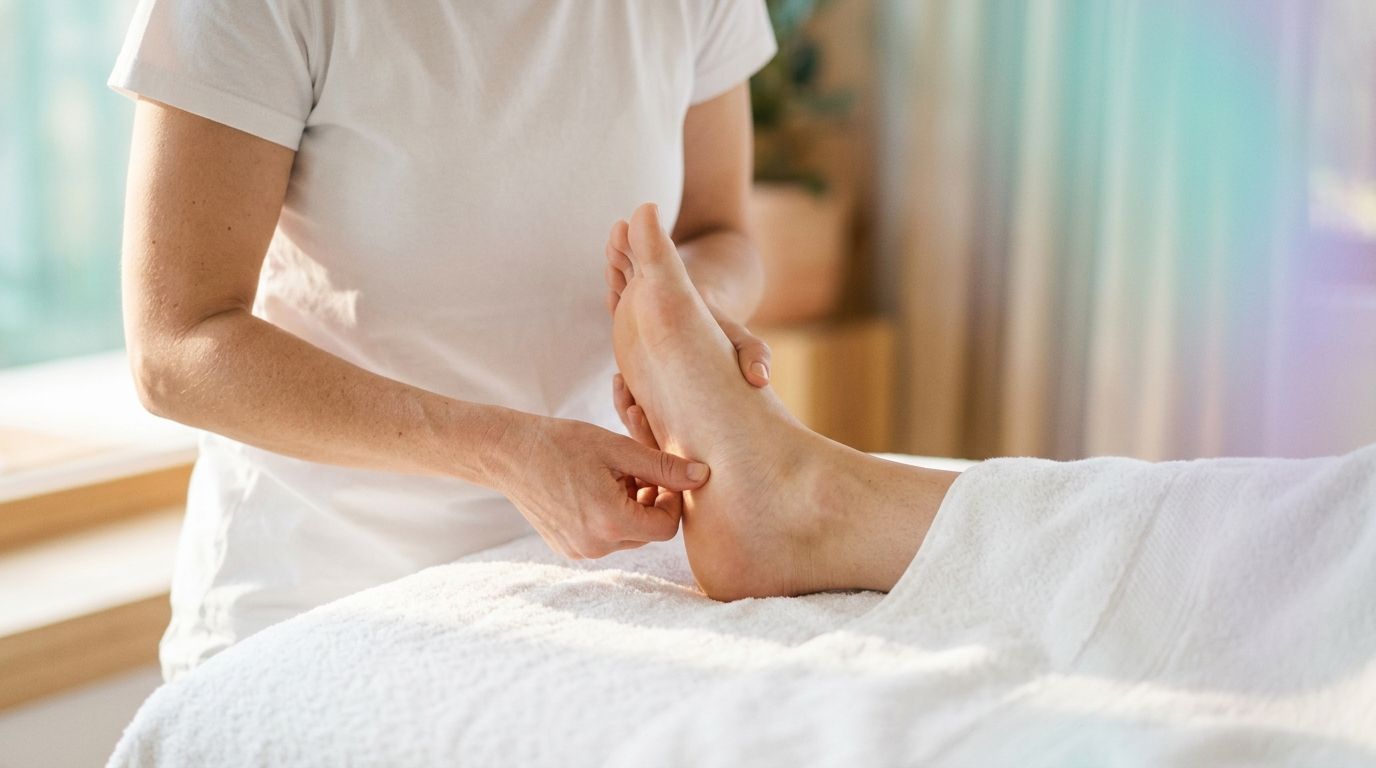 Masaje terapéutico descompresivo de la fascia plantar y talón sobre toallas blancas en consulta de bienestar