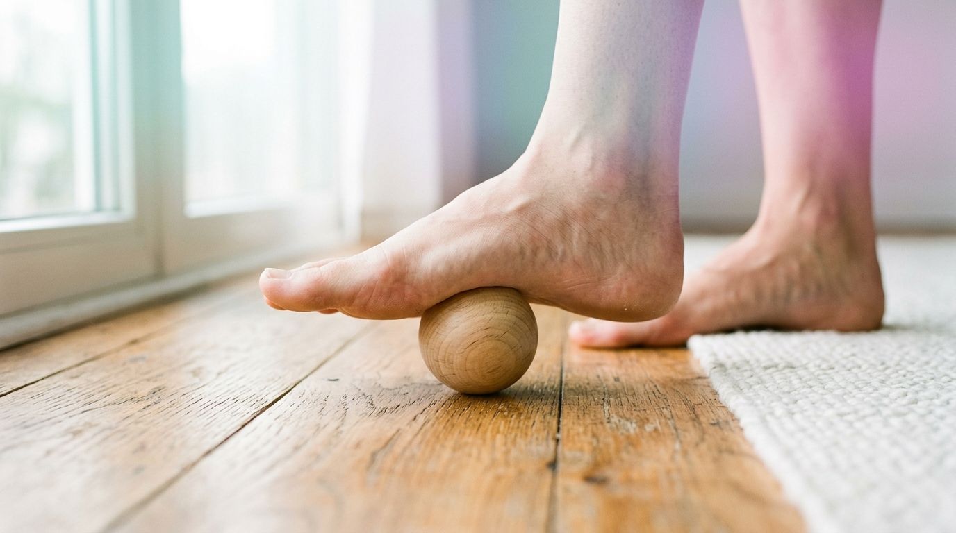 Automasaje de la fascia plantar con pelota de madera sobre suelo de roble claro