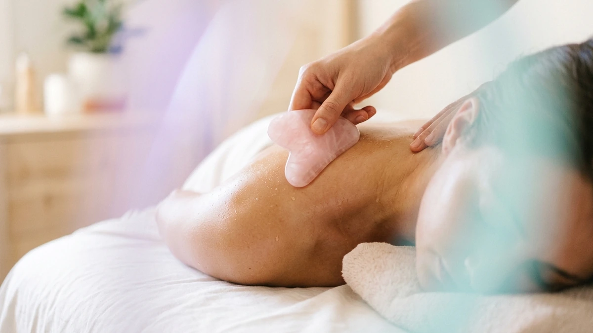Aplicación de Gua Sha de cuarzo en la espalda y trapecios para la liberación miofascial