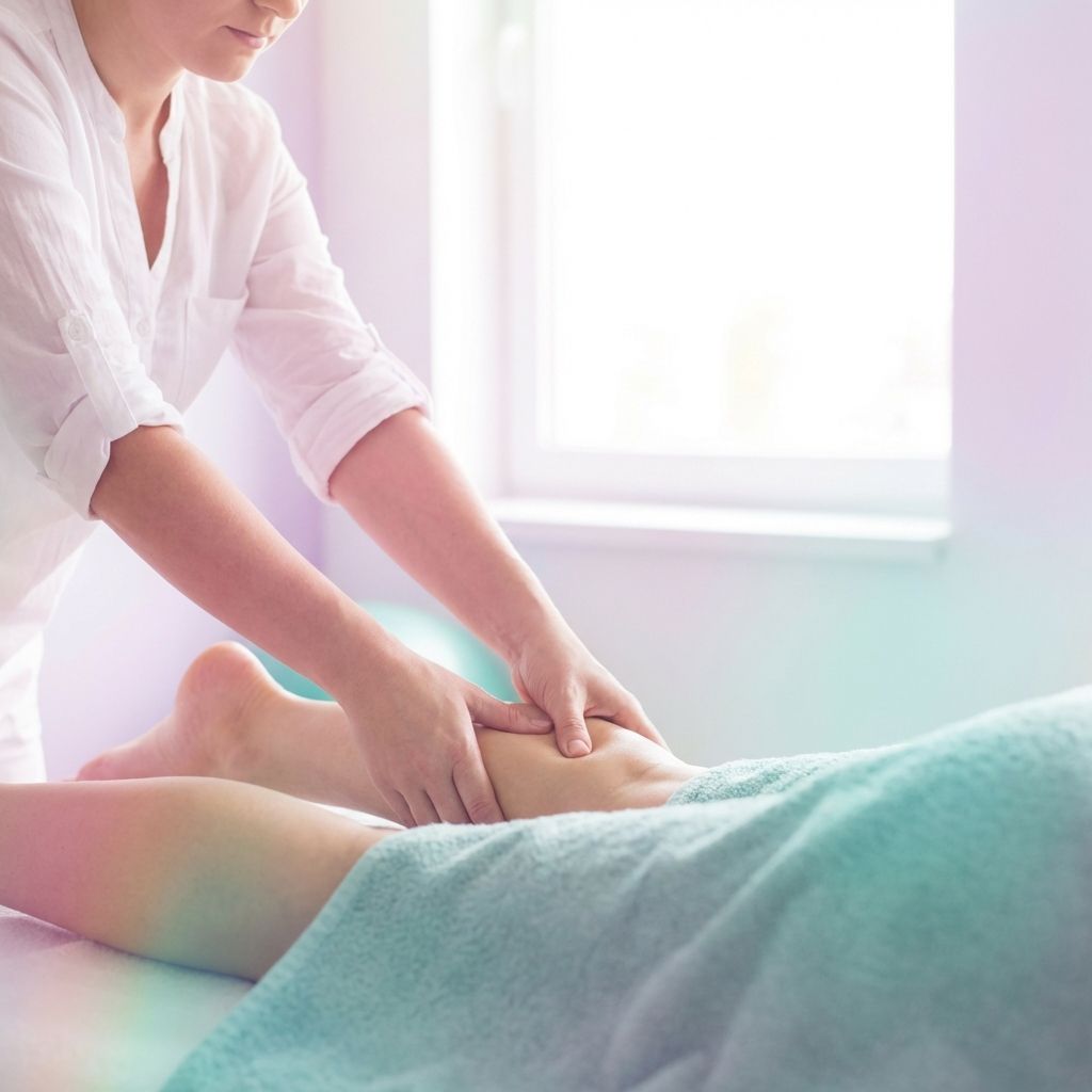 Terapeuta aplicando quiromasaje de descarga muscular y masaje deportivo en cuádriceps