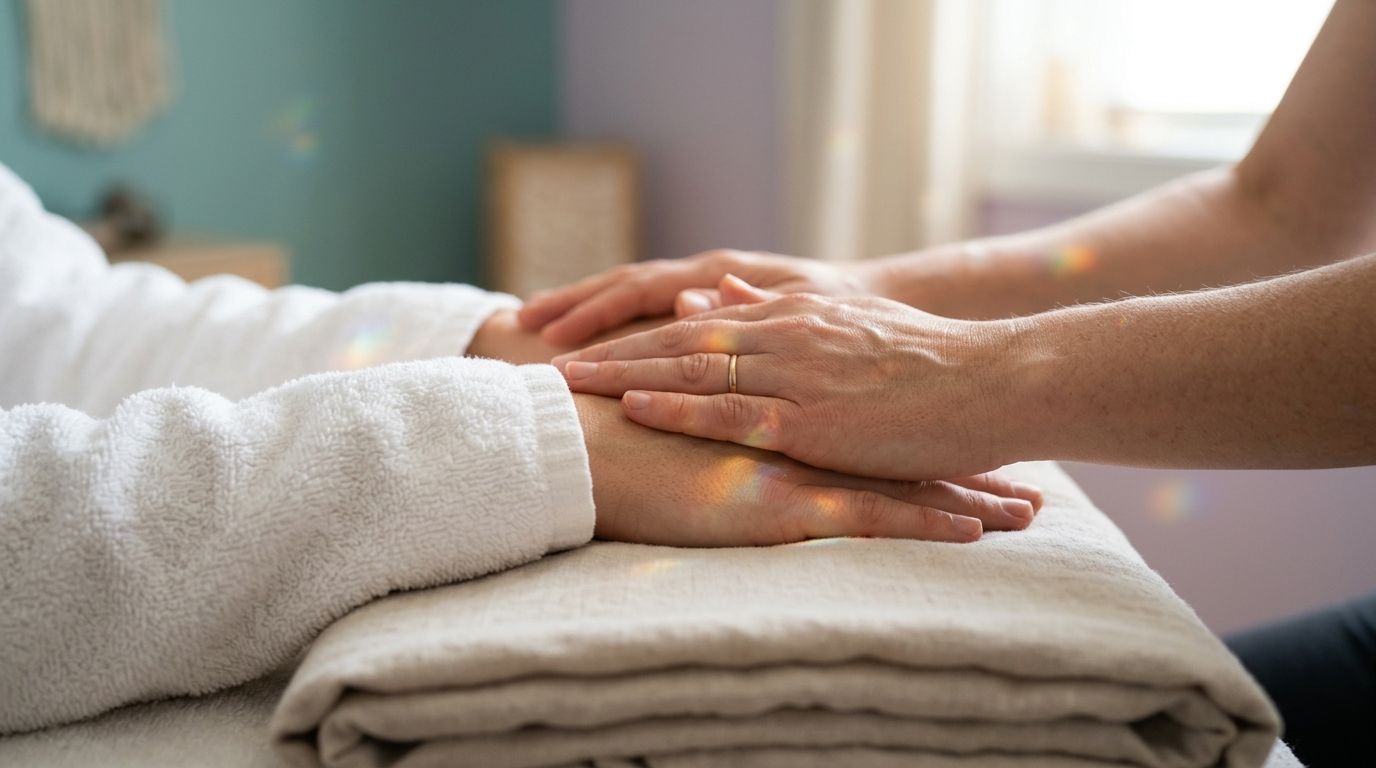 Tacto consciente y respetuoso de manos terapéuticas para la estimulación de oxitocina y calma profunda