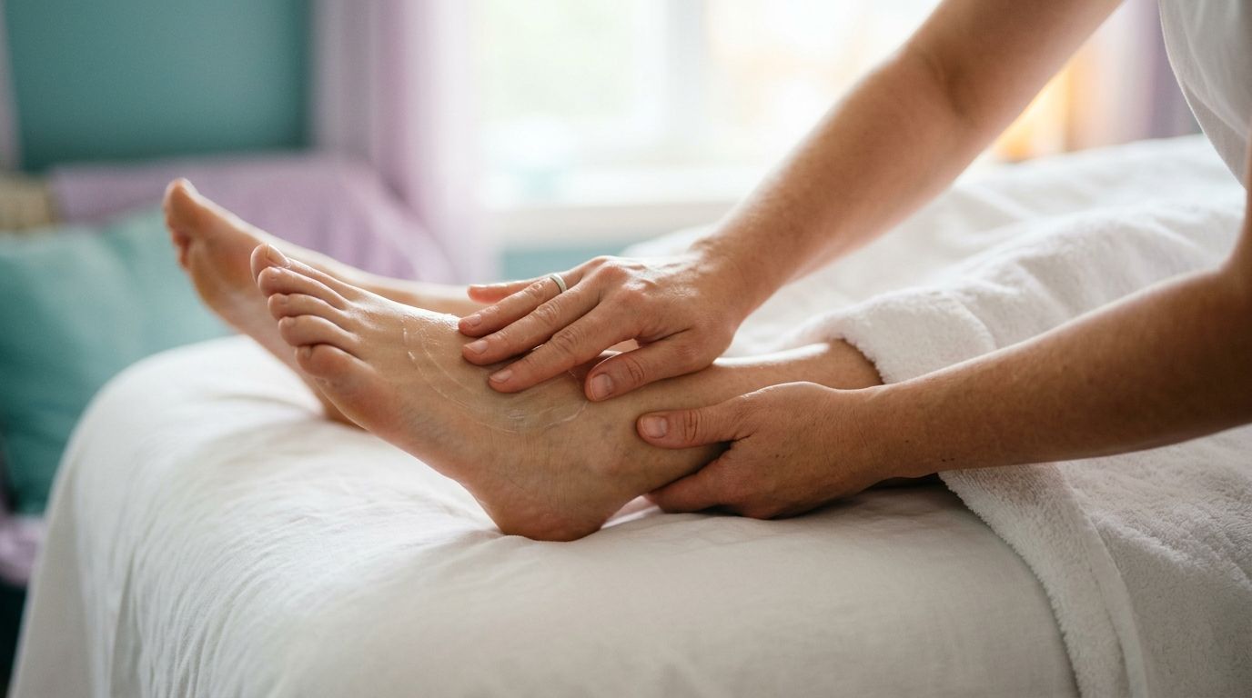 Cuidado delicado y estimulación circulatoria manual suave en los pies y tobillos